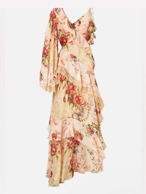 Camilla One-Shoulder Floral Ruffle Maxi Dress in Pink and Cream